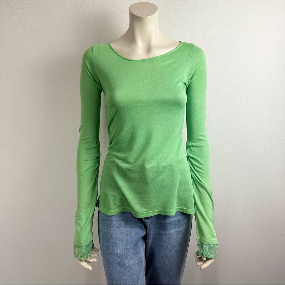 James Perse Green Women's Top Ruched Elbow Silky Cuffs